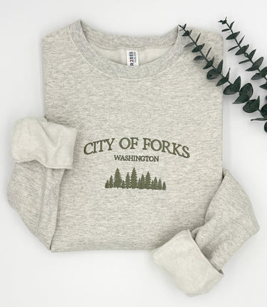 City of Forks Embroidered Sweatshirt | Washington Hoodie | Unisex Crewneck | Forest Embroidery | Twilight-Inspired Gift | Custom Colors
